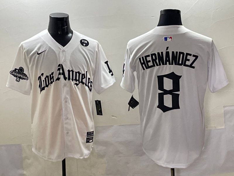 Men 2025 Los Angeles Dodgers #8 Hernandez White Five generations Joint Name Nike MLB Jersey style 51812
